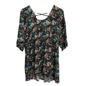 2/$30 Knot Sisters Black Teal Floral Tunic Blouse Criss Cross Back 3/4 Sleeve -S